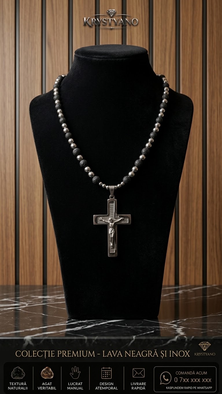 Colier Bărbați din Inox și Lavă Neagră cu Crucifix B22 – KRYSTYANO – colier din inox lucrat manual
