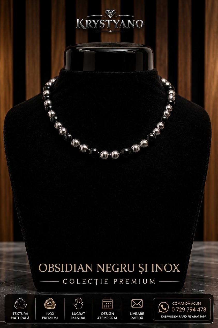 Colier Bărbați din Inox și Obsidian Negru B24 – KRYSTYANO – colier din inox lucrat manual