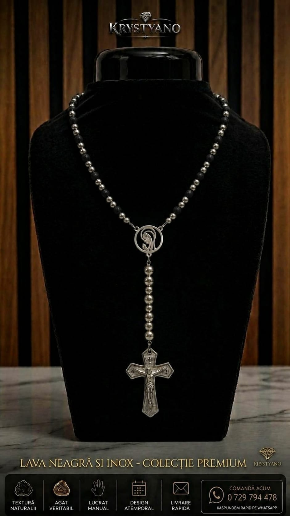 Stil Rosary, Lavă Neagră & Inox Premium – Simbolistică și Design MasivUn model de excepție din colec – colier din inox lucrat manual